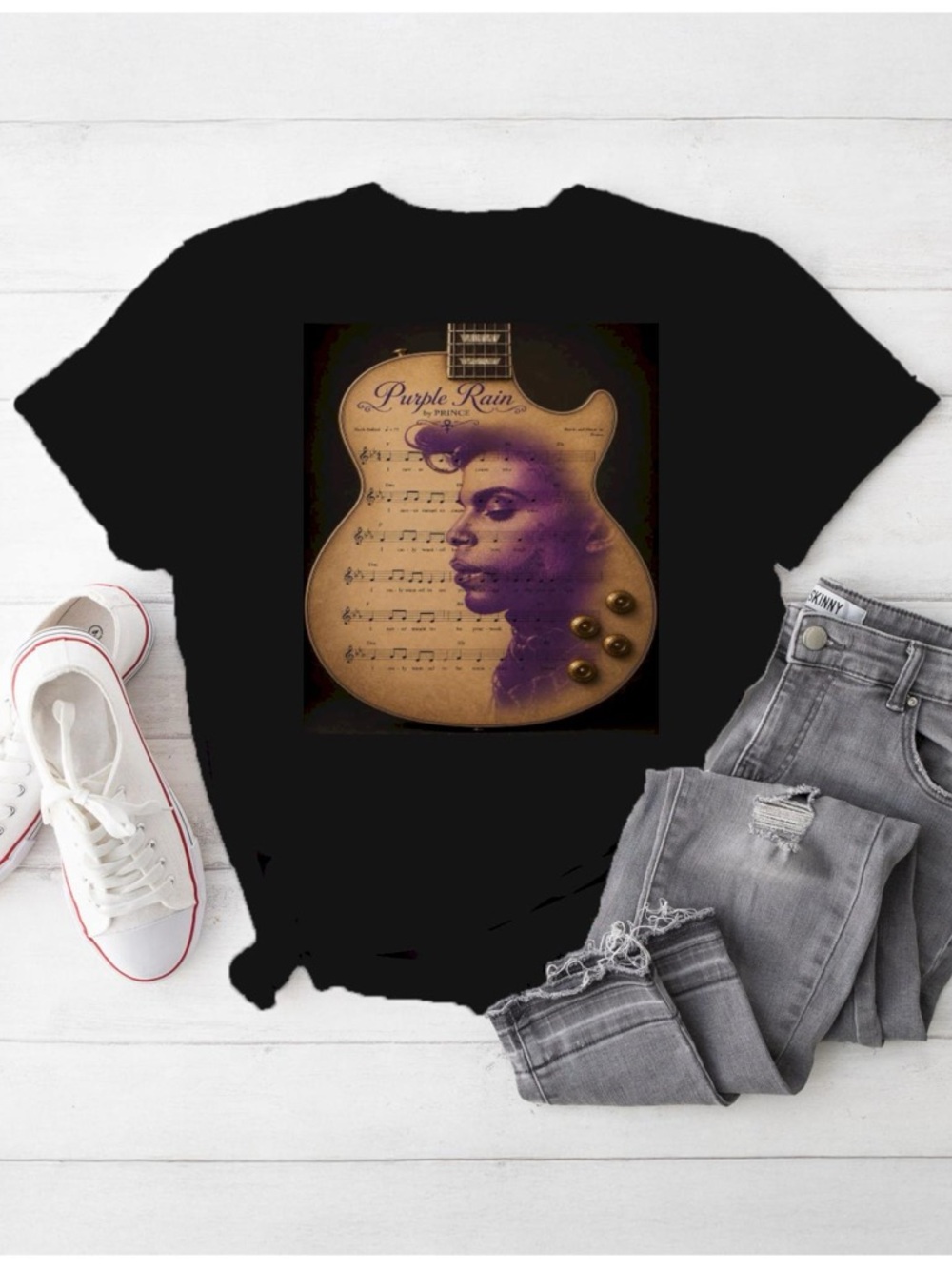 Black Graphic Tee with Purple Guitar Art